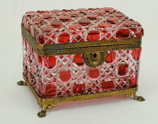   Antique French Bronze Mounted Cranberry Cut Glass Jewelry Casket Box