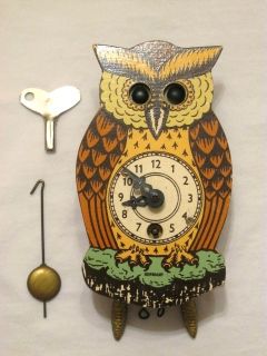 Vintage German Owl Clock Key Wind Moving Eyes Complete & Working