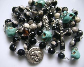   Agate & Turquoise Skull ROSARY WOOD CROSS & St. Anthony Medal