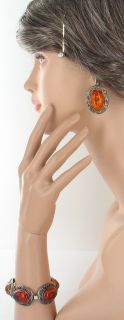 Antique Nouveau Sterling Amber Leaf Link Bracelet Earrings Set 