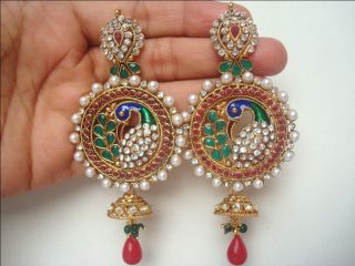 Gorgeous Designer Peacock Pearl Polki CZ Earring/Jhumka/Dangler  Gold 