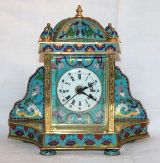 Antique Chinese Brass & Cloisonne / Enamel Quartz Mantle Clock ~ Runs 
