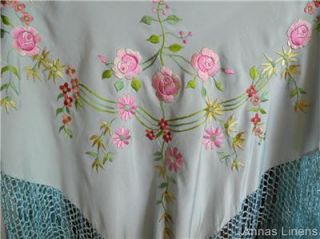 Antique Crepe Silk Hand Embroidered Piano Shawl Scarf Light Blue