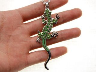   Painted Rhinestone Crystal Long Anole Lizard Pendant Necklace