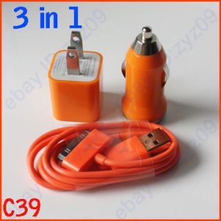 3in1 Orange USB Car Charger Wall Charger Cable for Apple iPod iPhone 3 