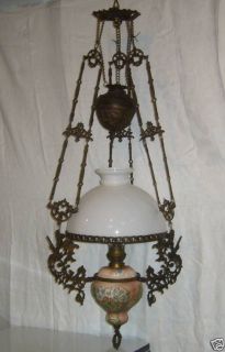 ANTIQUE VICTORIAN OIL LAMP BRASS CEILING CHANDELIER FIXTURE WITH 