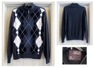 Gray Argyle BKE Long Sleeve Pullover Zip Neck Sweater • Size L Slim 