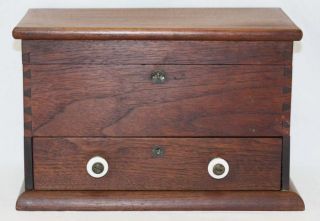 Antique Wooden Mahogany One Drawer Dovetailed Box with Porcelain Knobs 