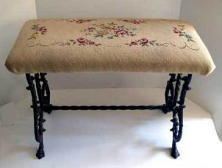 Antique IRON BENCH Fireplace Piano ORNATE CLAW FEET NEEDLEPOINT 1910 