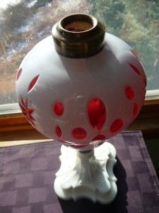 Antique Atterbury Glass White Cased Cut to Cranberry Kerosene Lamp 