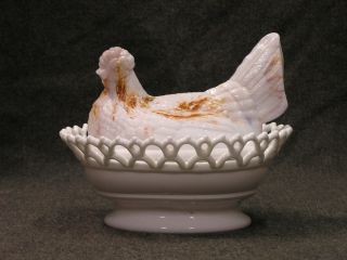 Scarce Atterbury Milk Glass with Orange Spatter Hen on Nest Covered 