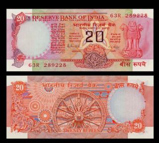20 Rupees Banknote of India 1985 90 Hindu Wheel of Life Pick 82 Crisp 