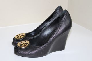   Burch Black Leather Gold Logo Aurelia Wedge Peep Toe Pump Shoes sz 9 5
