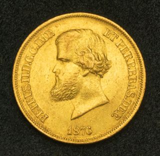 1876, Brazil, Pedro II. Heavy Gold 10,000 Reis Coin. 8.93gm