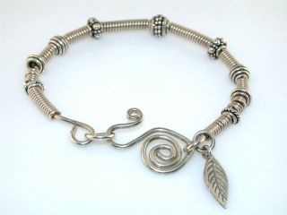 Artisan Bead Leaf Pattern Sterling Silver Bangle Bracelet