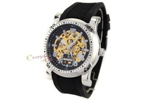   Business Skeleton Automatic Mens Watch Rubber Gold Movt Gift