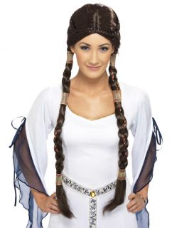 Medieval Renaissance Maid Marian Brown Brunette Costume Wig with 
