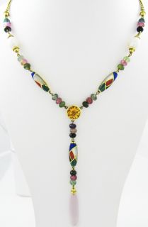 Asch Grossbardt 14k Gold Multi Color Inlaid Gemstone Drop Necklace New 