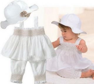 White Christening Girl Baby Clothes Ruffle Top Pant Hat Set Outfit 