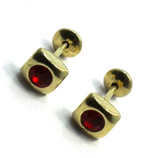 Gold 18K GF Red Crystal Square Baby Earrings Girl Inafants Safety Stud 