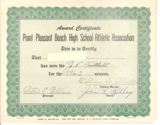   PLEASANT BEACH NEW JERSEY High School JV FOOTBALL AWARD CERTIFICATE