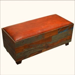   Reclaimed Wood Leather Upholstery Rustic Backless Living Room Bench