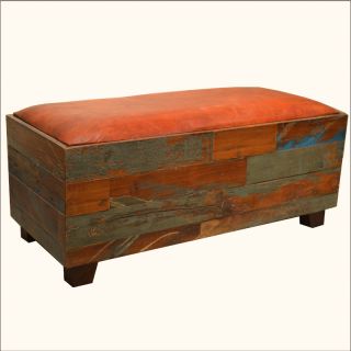   Wood Leather Upholstery Rustic Backless Living Room Bench