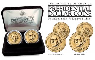 George Washington Presidential $1 Dollar 2 Coin US Mint Set w Box Both 