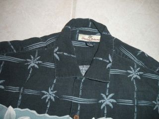Tommy Bahama Mens Hawaiian Shirt Small 100 Silk Navy Blue Button Down 