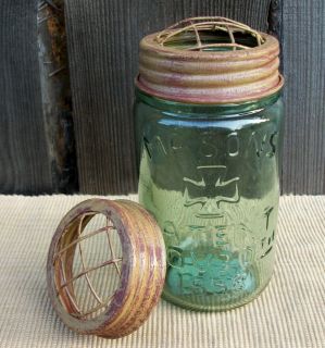 Mason Ball Jar Flower Frog Vase Mustard Rust Lid Primitive Country 