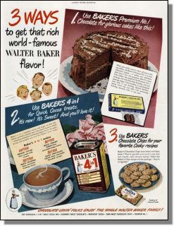 1950 Bakers Chocolate Cocoa Cake Print Ad