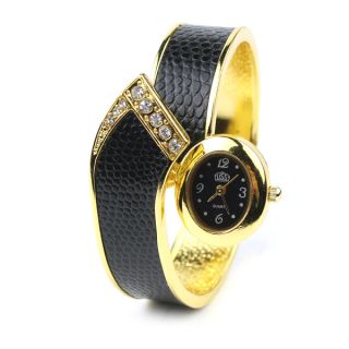 Women Fashion Snake Skin Bangle Cuff Bracelet Wrist Watch Black