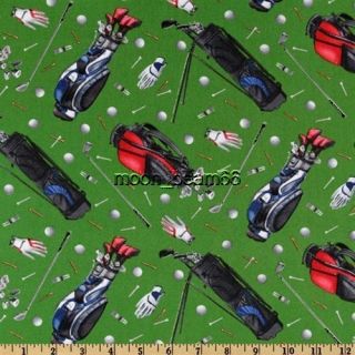 Elizabeths Studio Sport Golf Equipment Tee Balls Bags on Green Fabric 