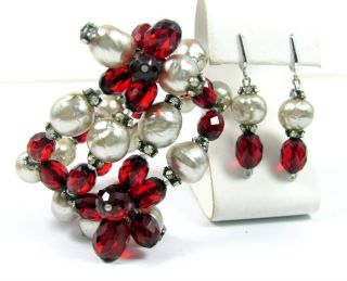 Bakelite Bracelet Earrings Vintage Cherry Amber Bead Faux Pearl 