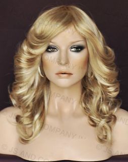   Modern Retro Farrah Hairdo Blonde Mix Wavy Curly w Bangs 24B613