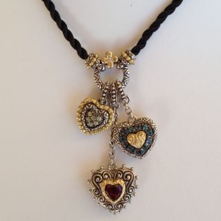 Barbara Bixby Multi Gemstone Triple Heart Charm SS 18K Cord Necklace 