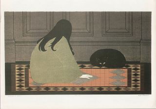WILL BARNET print woman and cat DIALOGUE IN GREEN