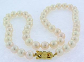Mikimoto Pearl Necklace 19 Inch Strand 14K Gold Clasp Beautiful 8.5 9 