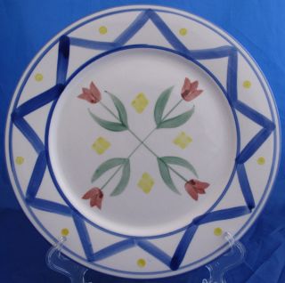 Royal Norfolk Dinner Plate Red Tulips with Colbalt Blue Geometric 