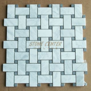    White Carrera Marble Basketweave Mosaic Tile Black Dots 1 x 2 Honed