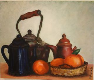 Original Oil Painting on Canvas Tea Pot Orange by Miri Baruch