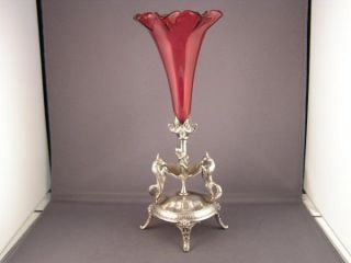 antique reed barton cranberry glass horn epergne