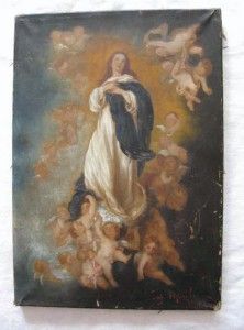 Antique 19c Retablo Oil Painting Immaculate Conception Cherubs Mary 