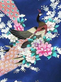 Fab Quliting dressmaking Blue Satin Kimono Fabric peacock Print 1Yd