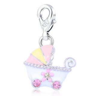 Pink Flower Sweet Baby Stroller W/s Clasp Bracelet Charm 18K White 