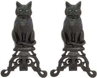 Uniflame Black Cast Iron Cat andirons with Reflective Glass Eyes