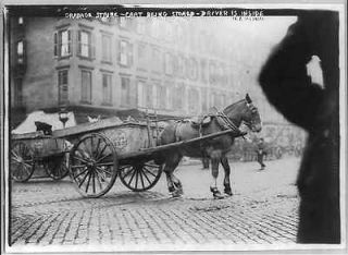 Horse drawn cart being stoned,driver hiding inside,Garbage collectors 