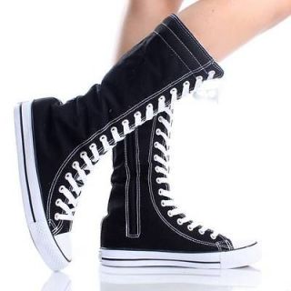 Black Lace Up Boots Canvas Sneakers Flat Skater Punk Womens Skate 