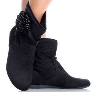 Black Suede Comfy Rhinestone Rosette Women Flat Ankle Boots Booties 