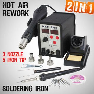 898D 2in1 SMD Soldering Rework Station 3 Hot Air Nozzle 5 Iron Tips 